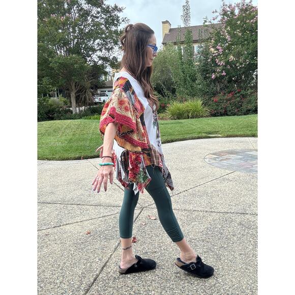 Upcycled Def Deppard Graphic T Bohemian Tunic vibe Kantha Fabric Ruffles Size OS - Picture 4 of 9